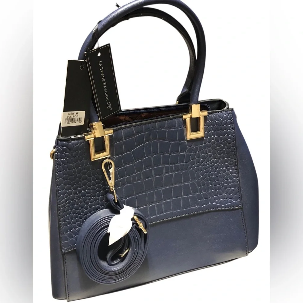 LA‎ TERRE FASHION N.W.T. RARE Croc-Accent Satchel Handbag.Navy Blue/Gold Leather